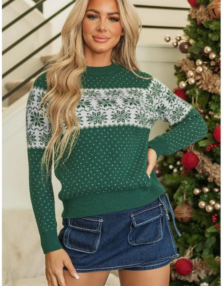 Green Christmas Snowflake Dotted Print Round Neck Sweater