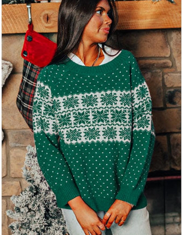 Green Christmas Snowflake Dotted Print Round Neck Sweater