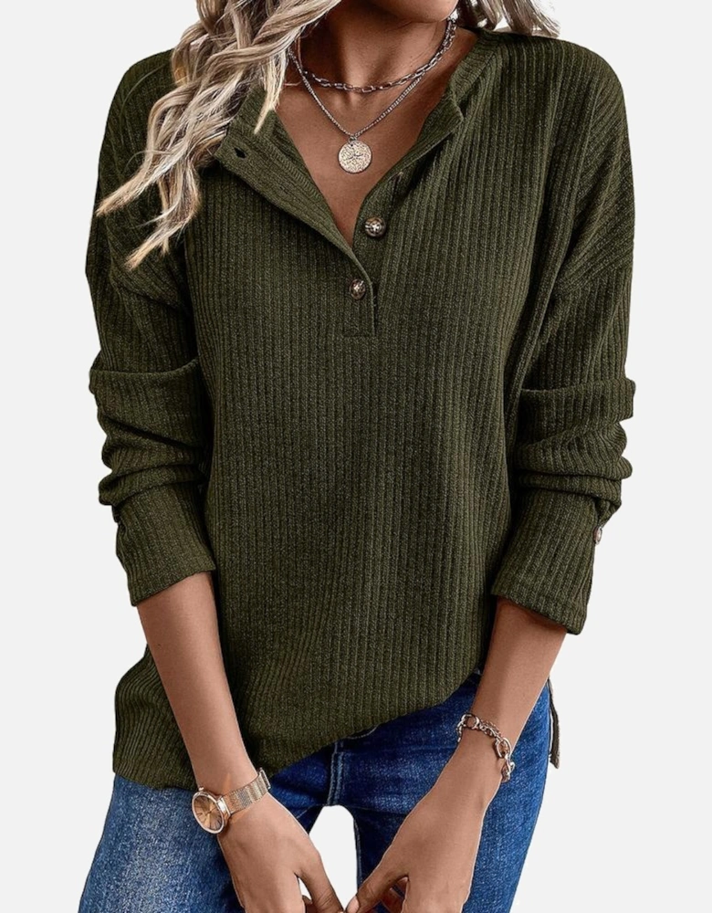 Jungle Green Rib Textured Henley Knit Top
