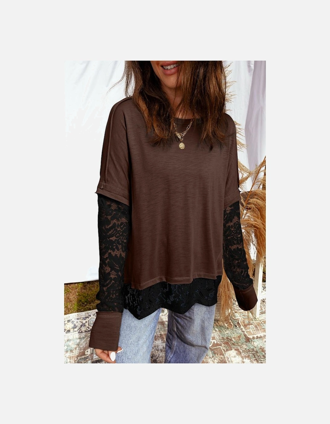 Dark Brown Sheer Lace Patchwork Casual Long Sleeve Tee
