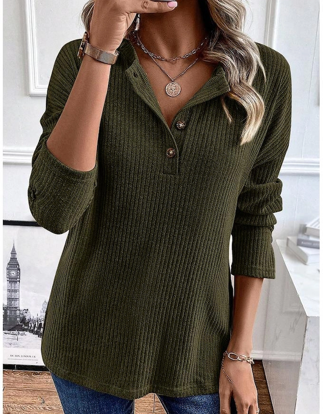 Jungle Green Rib Textured Henley Knit Top