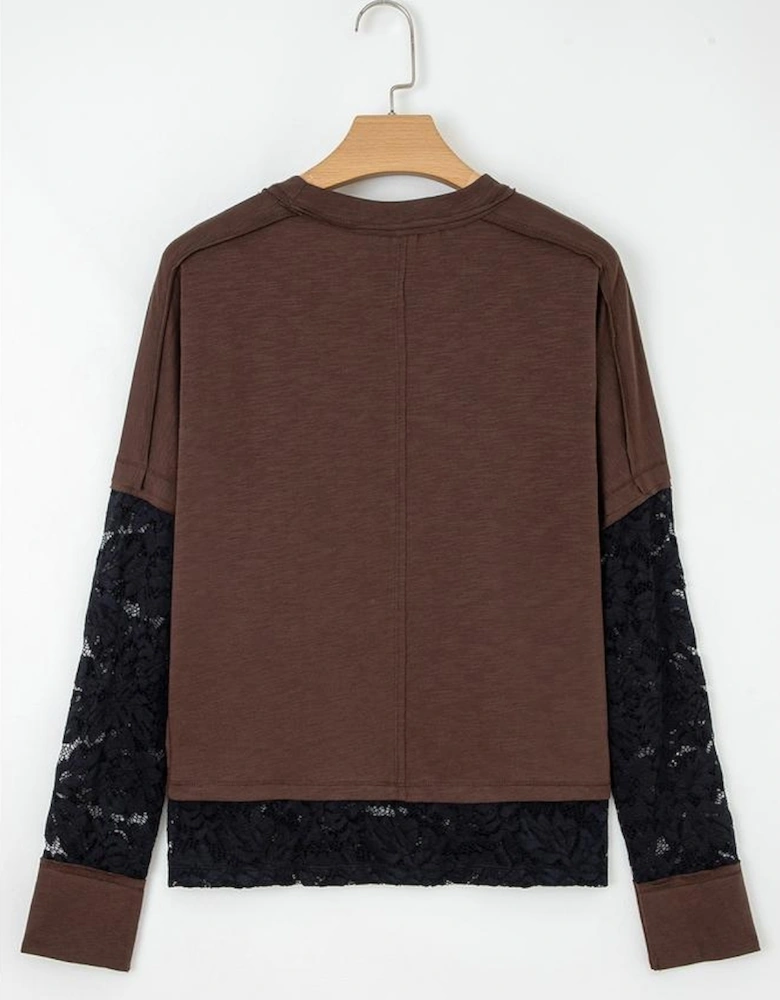 Dark Brown Sheer Lace Patchwork Casual Long Sleeve Tee