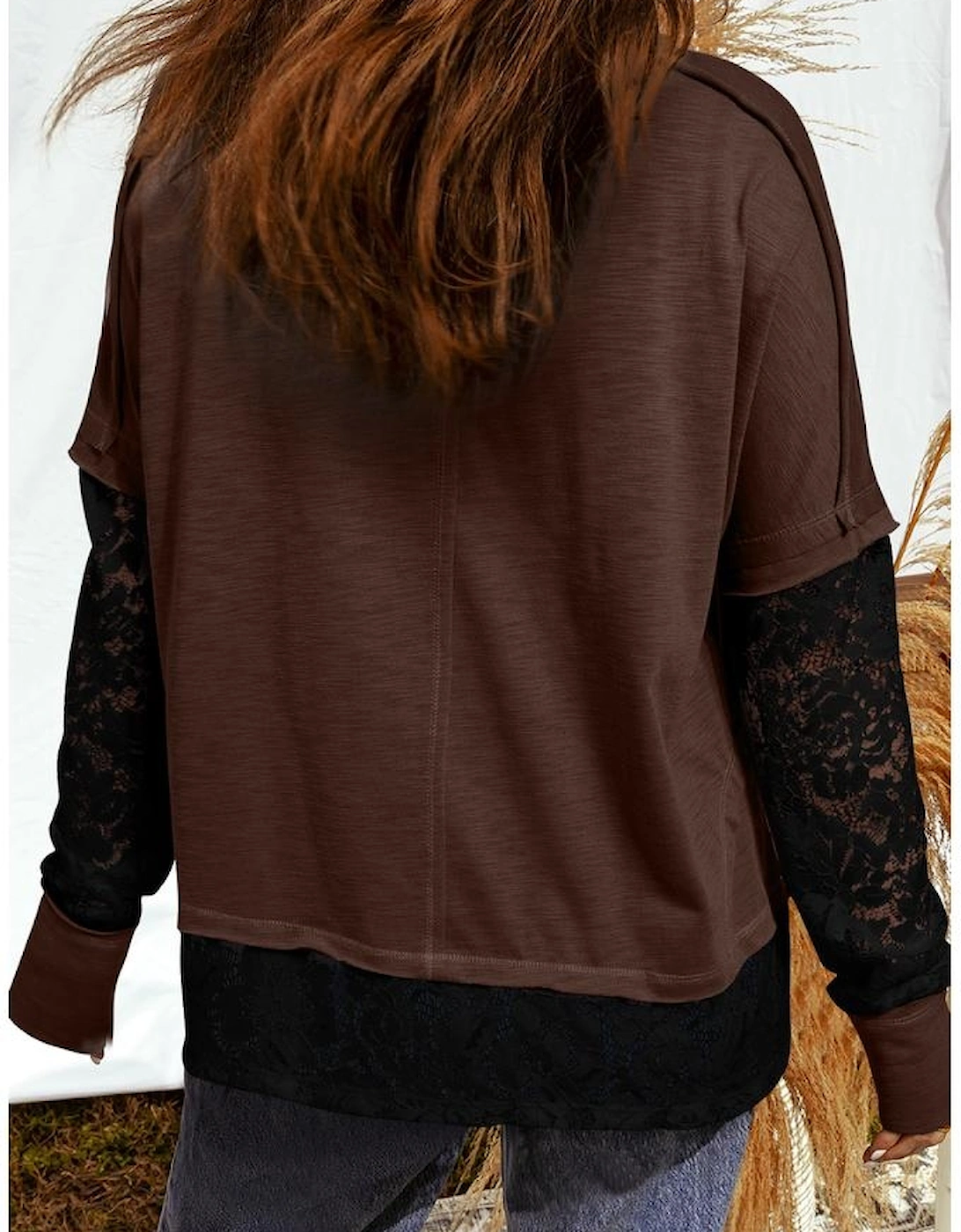Dark Brown Sheer Lace Patchwork Casual Long Sleeve Tee, 10 of 9