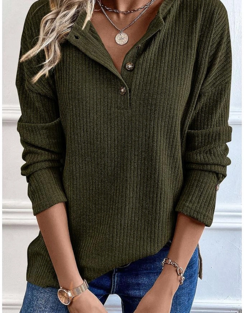 Jungle Green Rib Textured Henley Knit Top