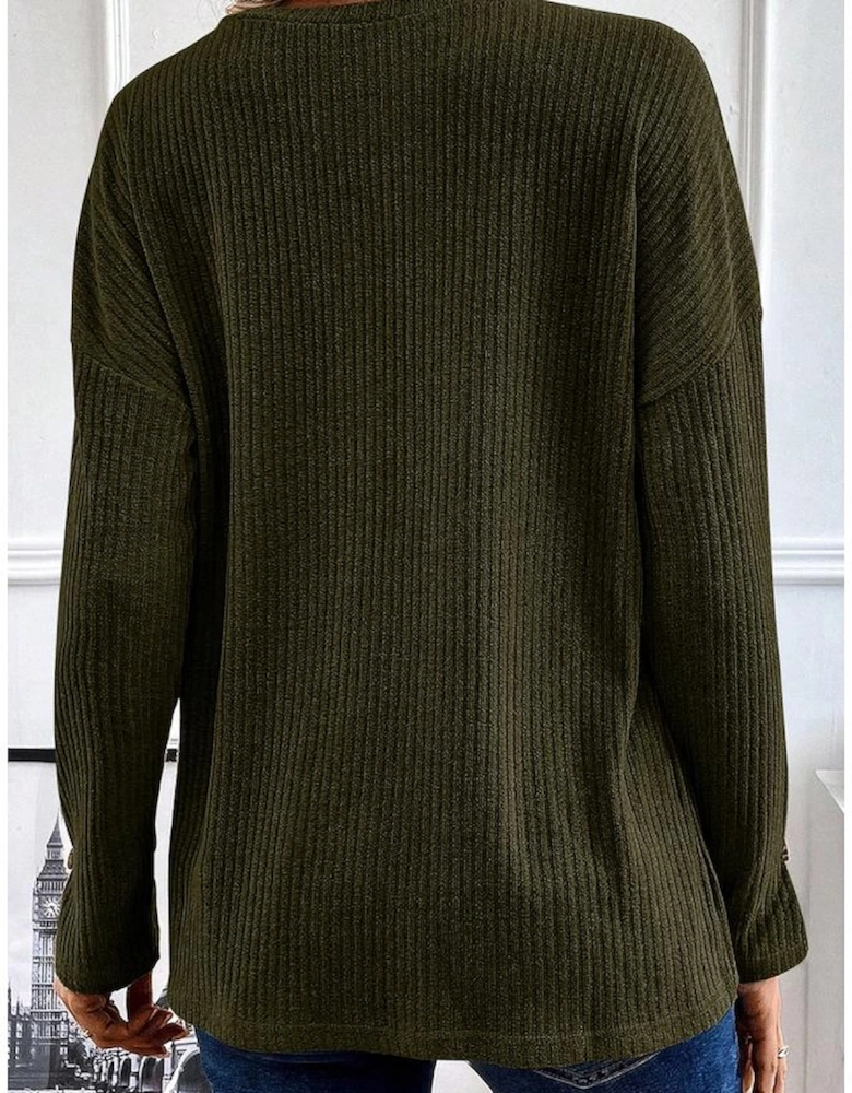 Jungle Green Rib Textured Henley Knit Top