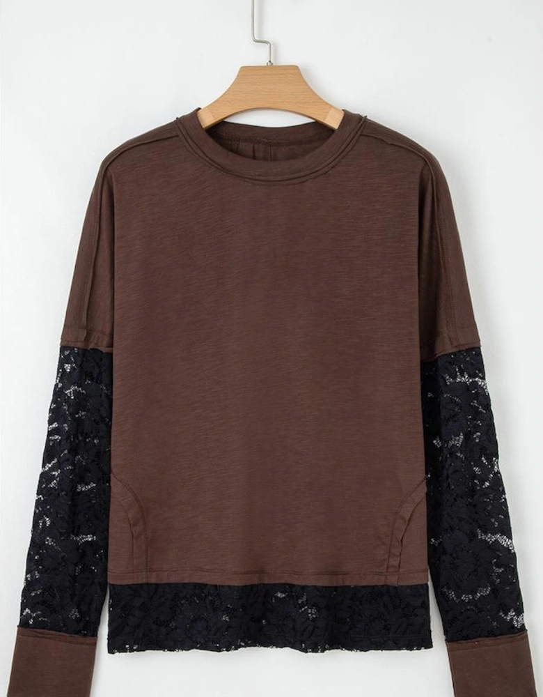 Dark Brown Sheer Lace Patchwork Casual Long Sleeve Tee