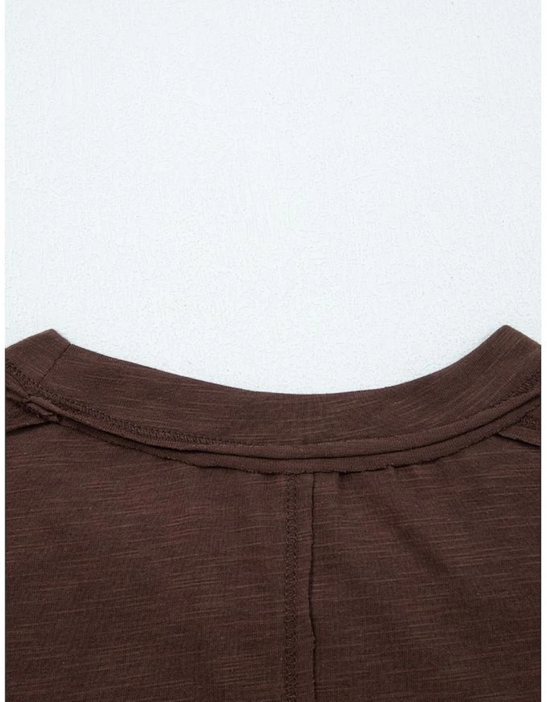 Dark Brown Sheer Lace Patchwork Casual Long Sleeve Tee