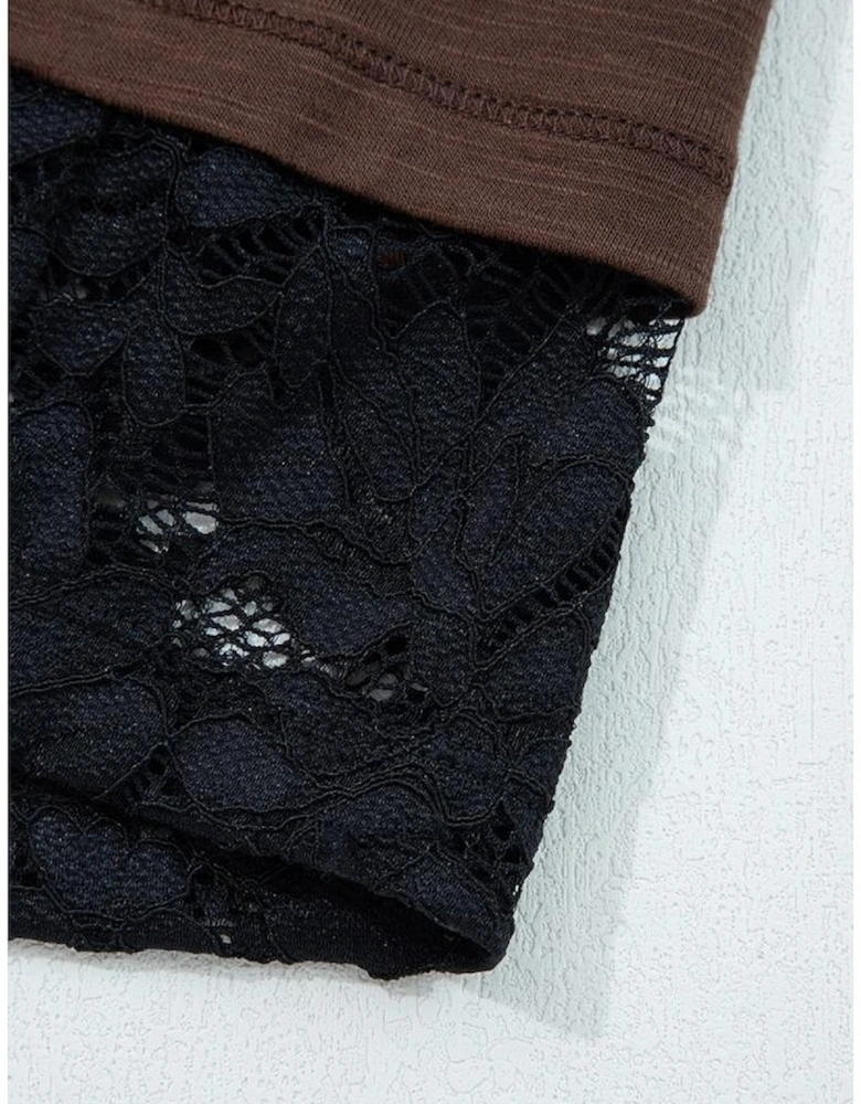 Dark Brown Sheer Lace Patchwork Casual Long Sleeve Tee