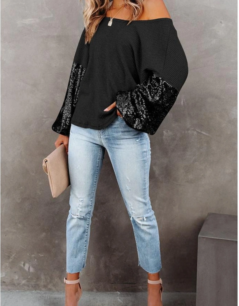 Black Sequin Patchwork Sleeve Open Back Waffle Knit Top