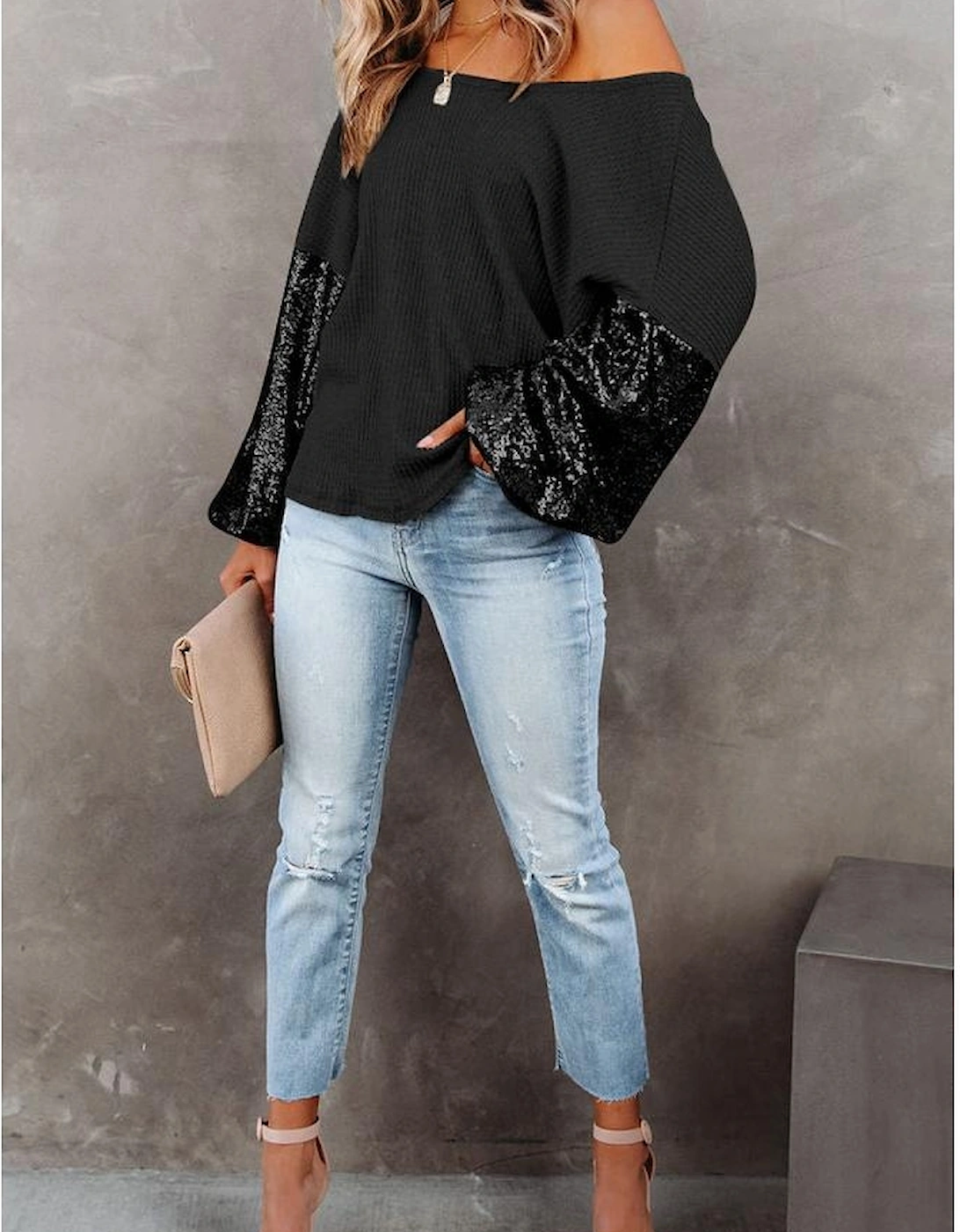 Black Sequin Patchwork Sleeve Open Back Waffle Knit Top