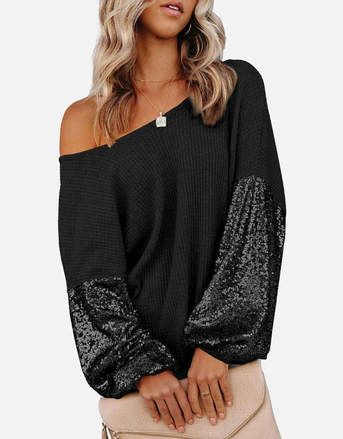 Black Sequin Patchwork Sleeve Open Back Waffle Knit Top