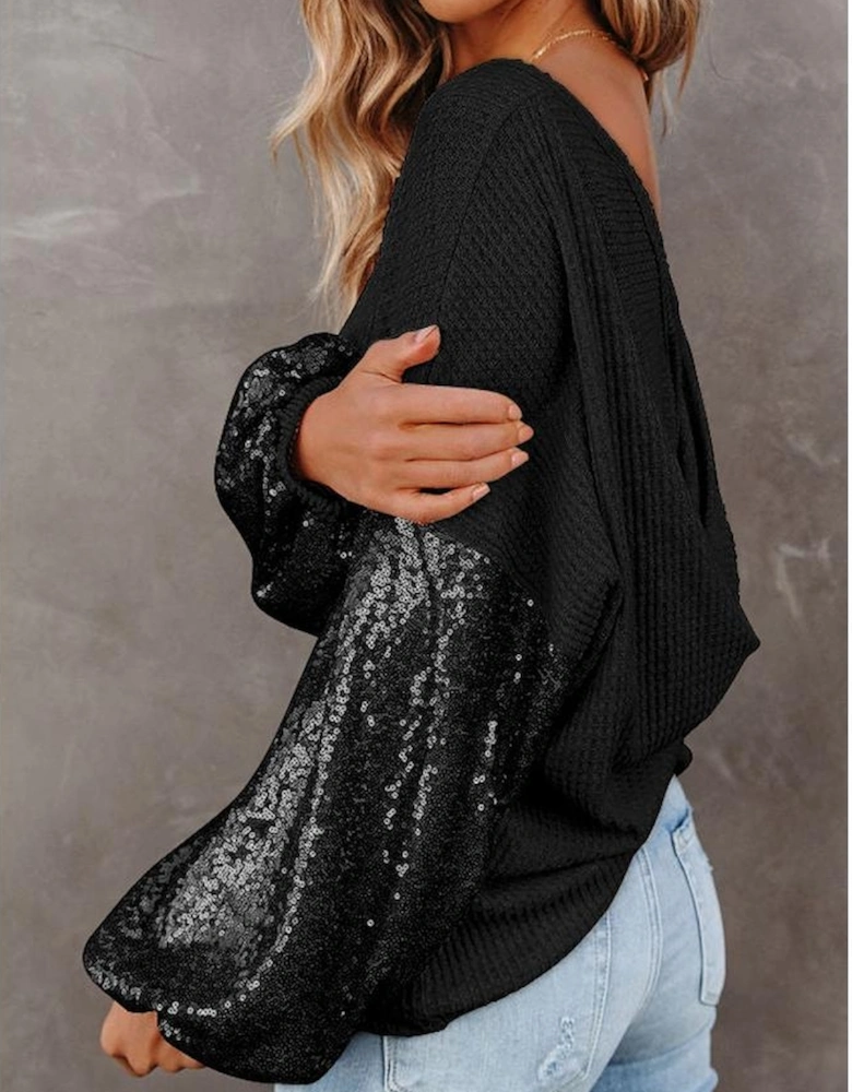 Black Sequin Patchwork Sleeve Open Back Waffle Knit Top