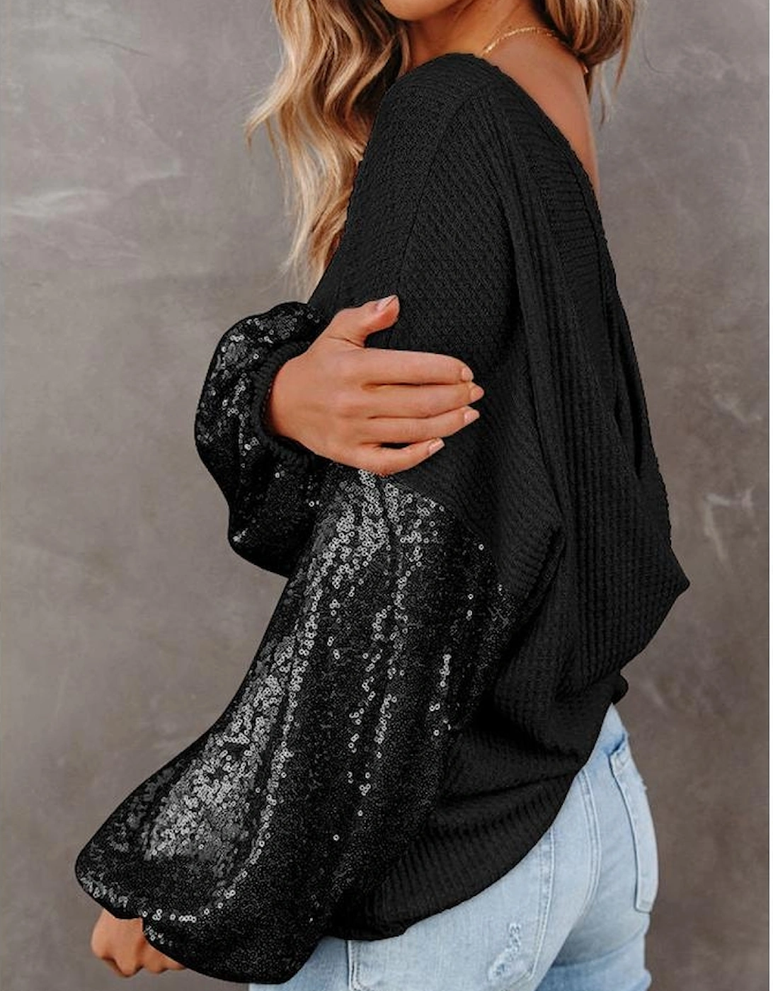Black Sequin Patchwork Sleeve Open Back Waffle Knit Top