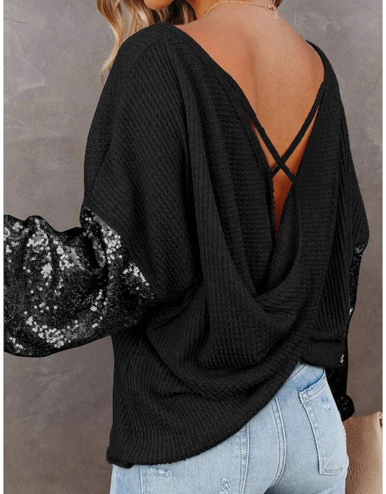 Black Sequin Patchwork Sleeve Open Back Waffle Knit Top