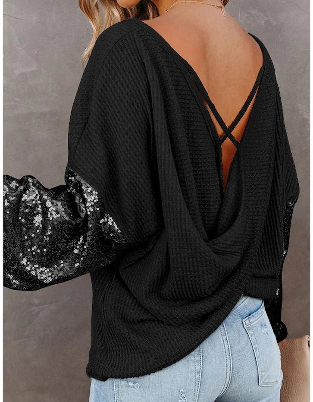 Black Sequin Patchwork Sleeve Open Back Waffle Knit Top, 6 of 5