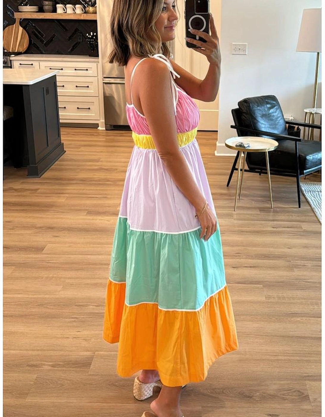 Multicolour Colorblock Self-tie Straps High Waist Flowy Maxi Dress with Pockets