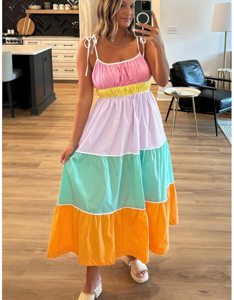 Multicolour Colorblock Self-tie Straps High Waist Flowy Maxi Dress with Pockets