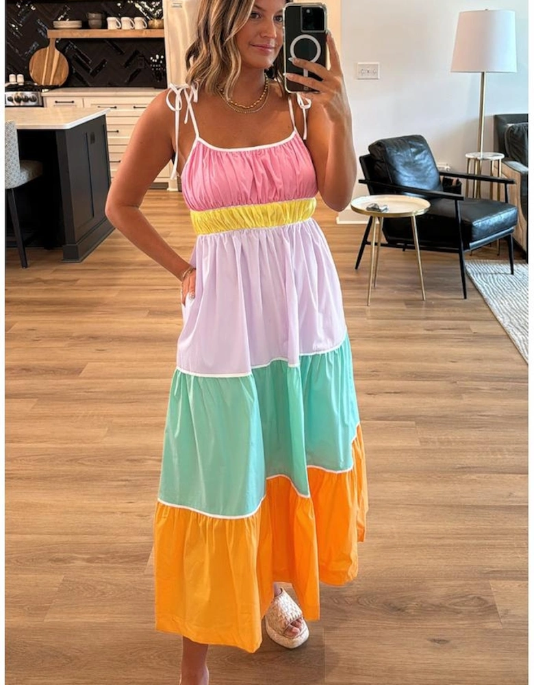 Multicolour Colorblock Self-tie Straps High Waist Flowy Maxi Dress with Pockets