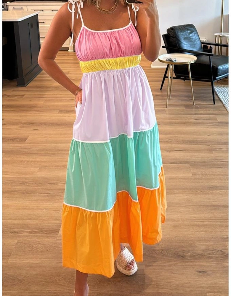 Multicolour Colorblock Self-tie Straps High Waist Flowy Maxi Dress with Pockets