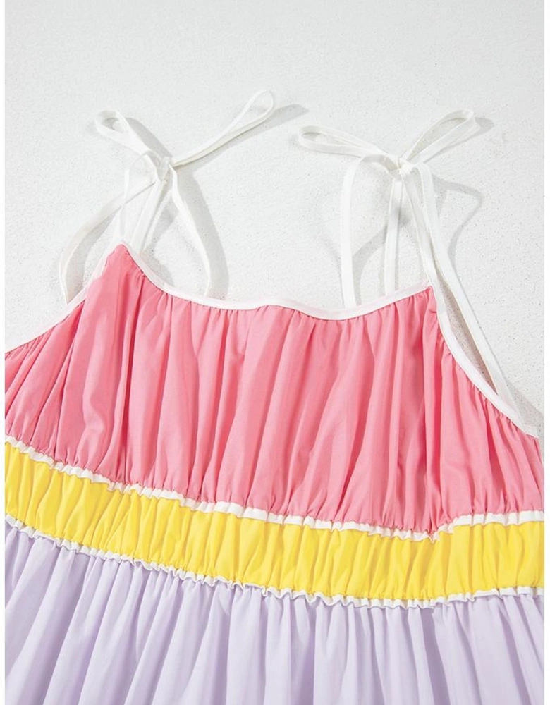 Multicolour Colorblock Self-tie Straps High Waist Flowy Maxi Dress with Pockets