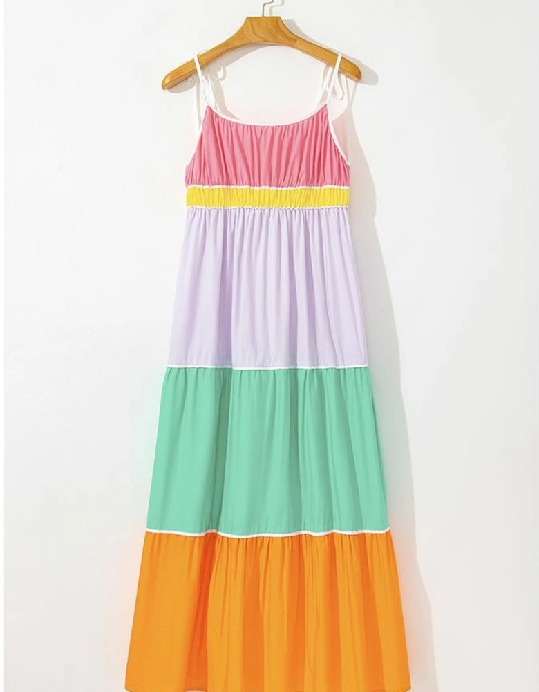 Multicolour Colorblock Self-tie Straps High Waist Flowy Maxi Dress with Pockets