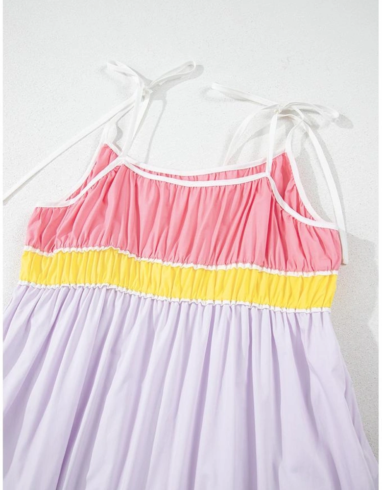 Multicolour Colorblock Self-tie Straps High Waist Flowy Maxi Dress with Pockets