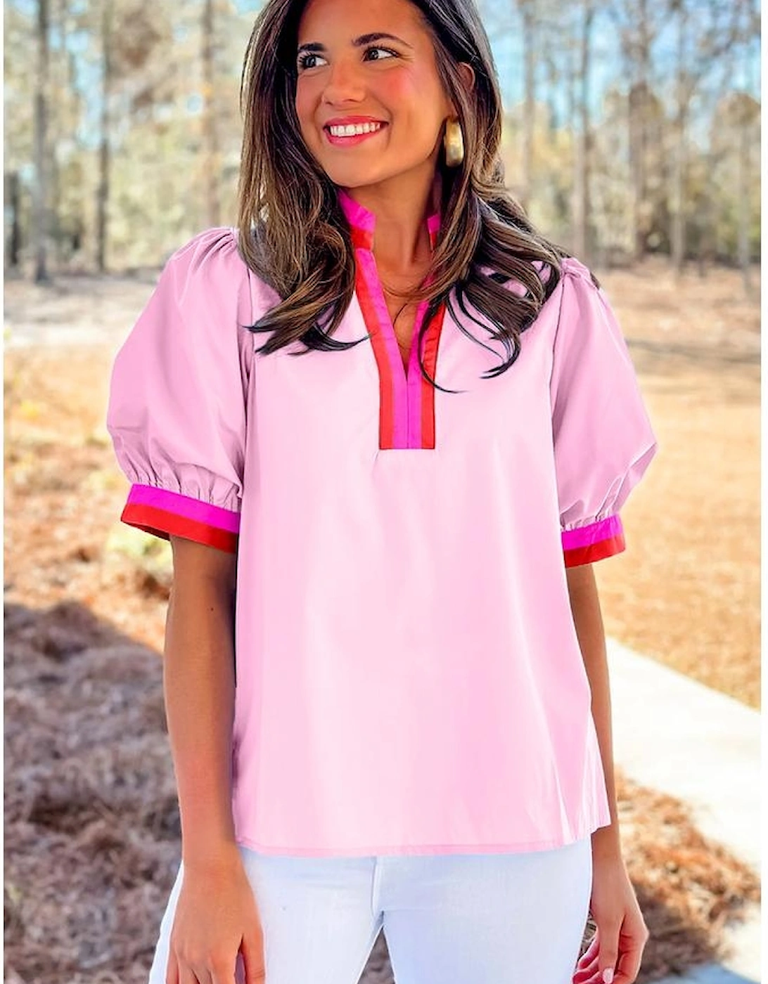 Pink Contrast Striped V Neck Collision Short Puff Sleeve Blouse