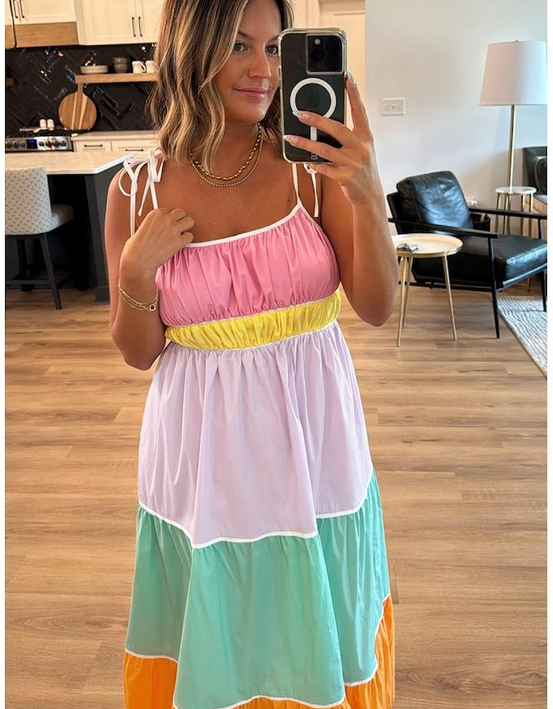 Multicolour Colorblock Self-tie Straps High Waist Flowy Maxi Dress with Pockets