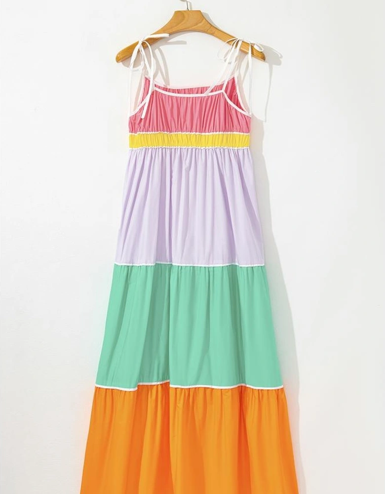 Multicolour Colorblock Self-tie Straps High Waist Flowy Maxi Dress with Pockets