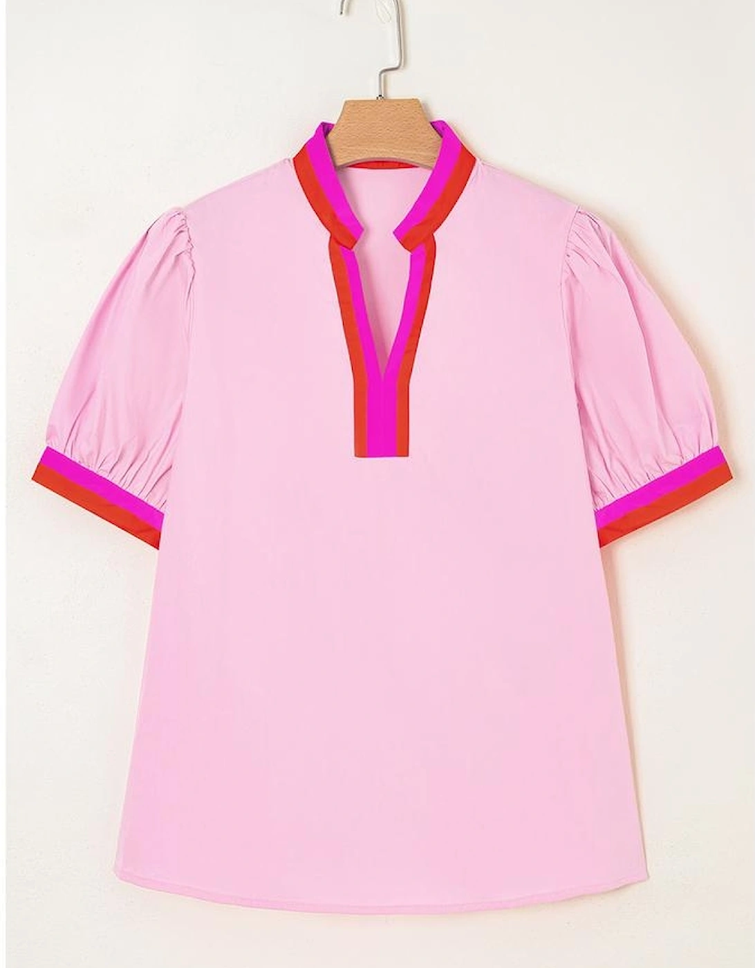 Pink Contrast Striped V Neck Collision Short Puff Sleeve Blouse