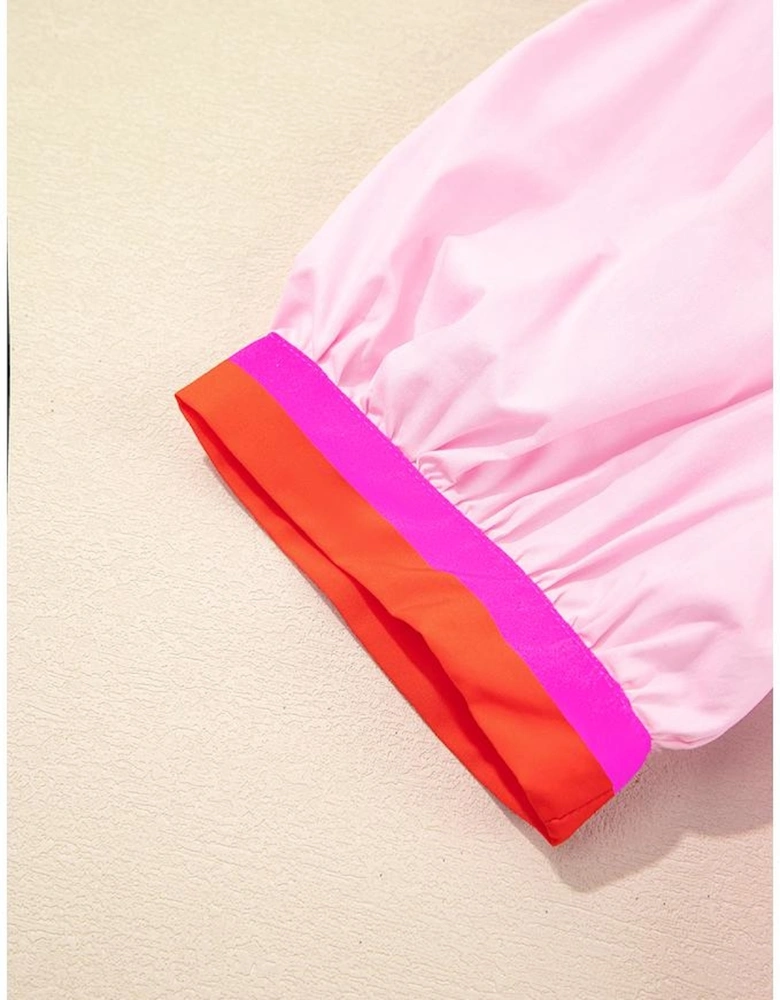 Pink Contrast Striped V Neck Collision Short Puff Sleeve Blouse