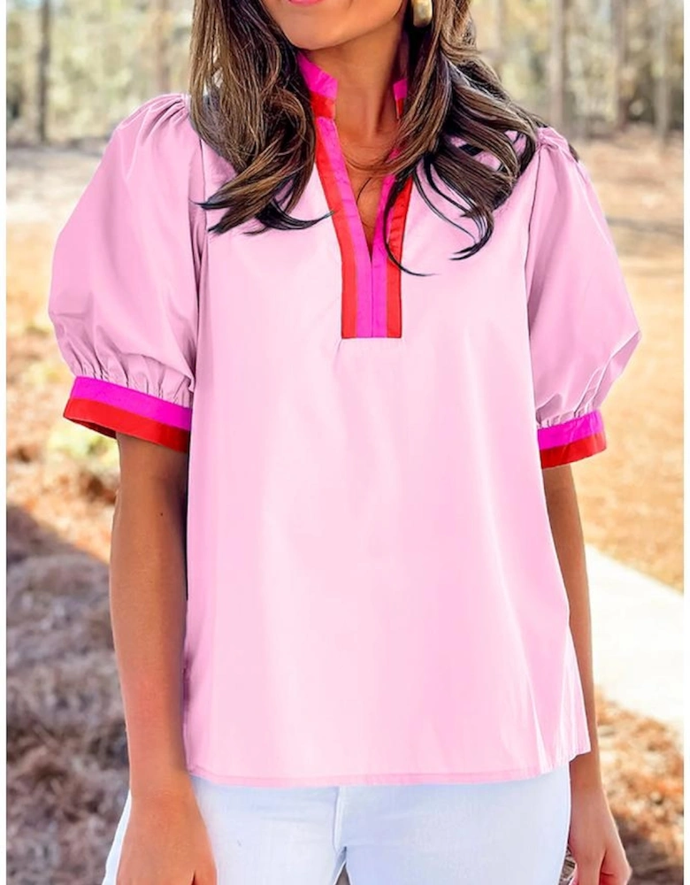 Pink Contrast Striped V Neck Collision Short Puff Sleeve Blouse