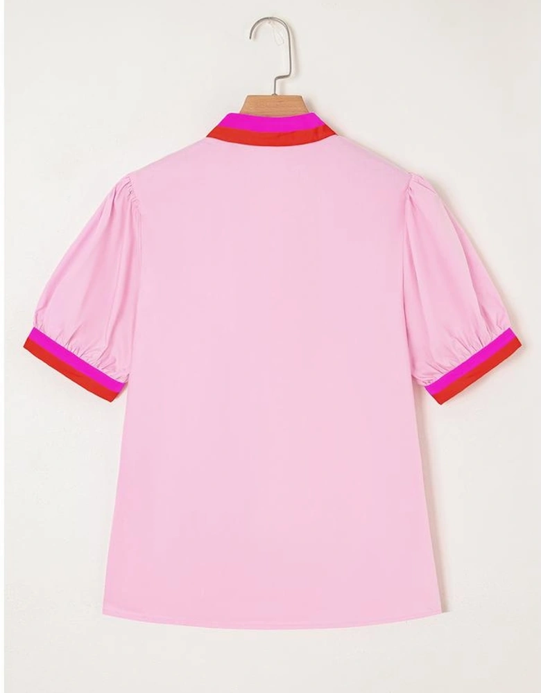 Pink Contrast Striped V Neck Collision Short Puff Sleeve Blouse
