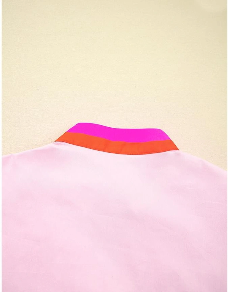 Pink Contrast Striped V Neck Collision Short Puff Sleeve Blouse