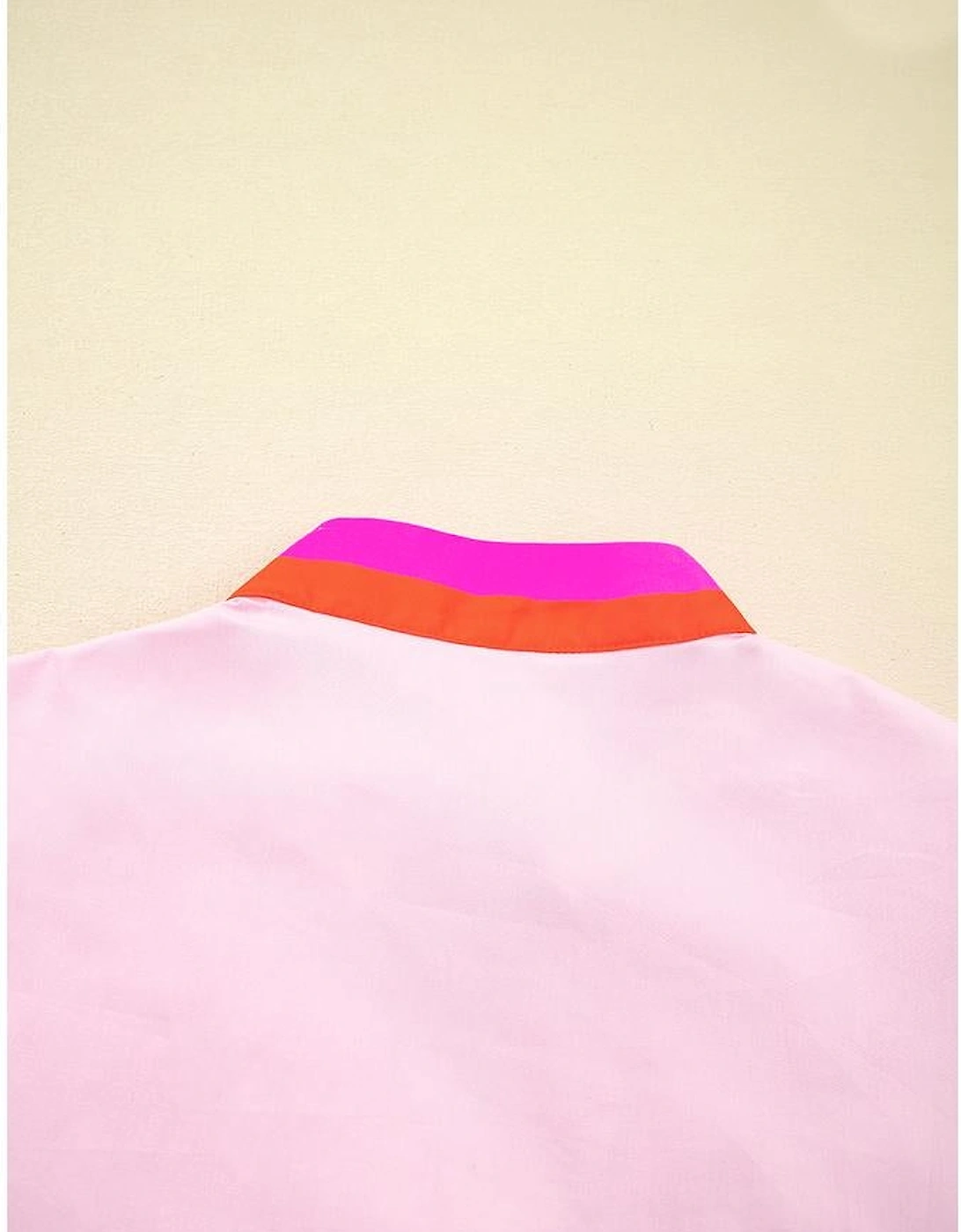 Pink Contrast Striped V Neck Collision Short Puff Sleeve Blouse