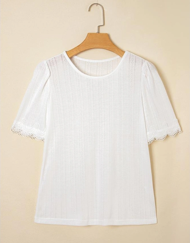 White Scalloped Lace Trim Jacquard Textured T Shirt