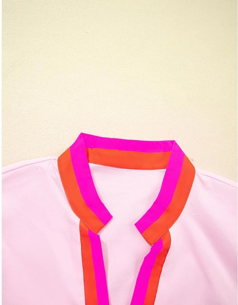 Pink Contrast Striped V Neck Collision Short Puff Sleeve Blouse