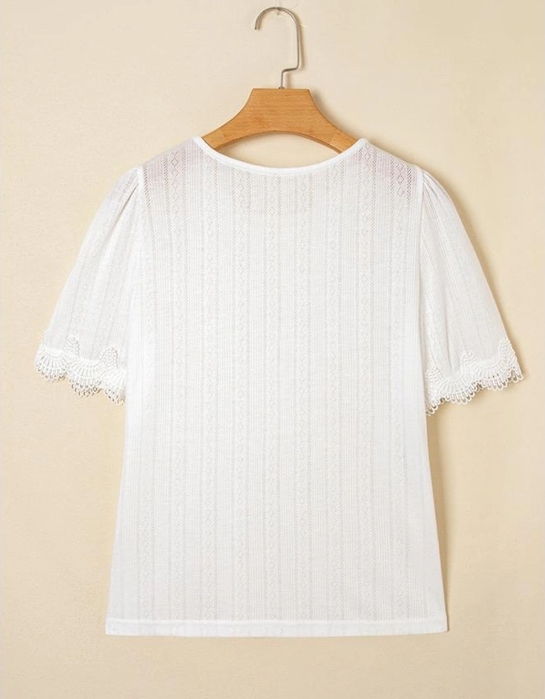 White Scalloped Lace Trim Jacquard Textured T Shirt