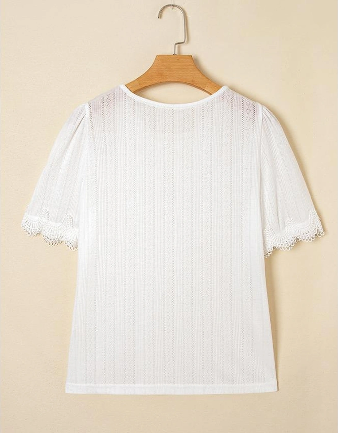 White Scalloped Lace Trim Jacquard Textured T Shirt