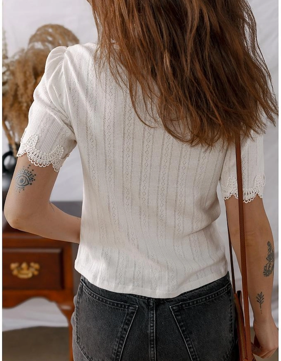 White Scalloped Lace Trim Jacquard Textured T Shirt, 12 of 11