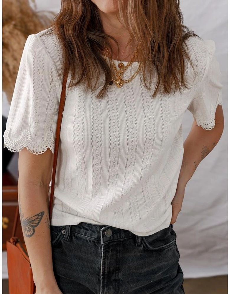 White Scalloped Lace Trim Jacquard Textured T Shirt
