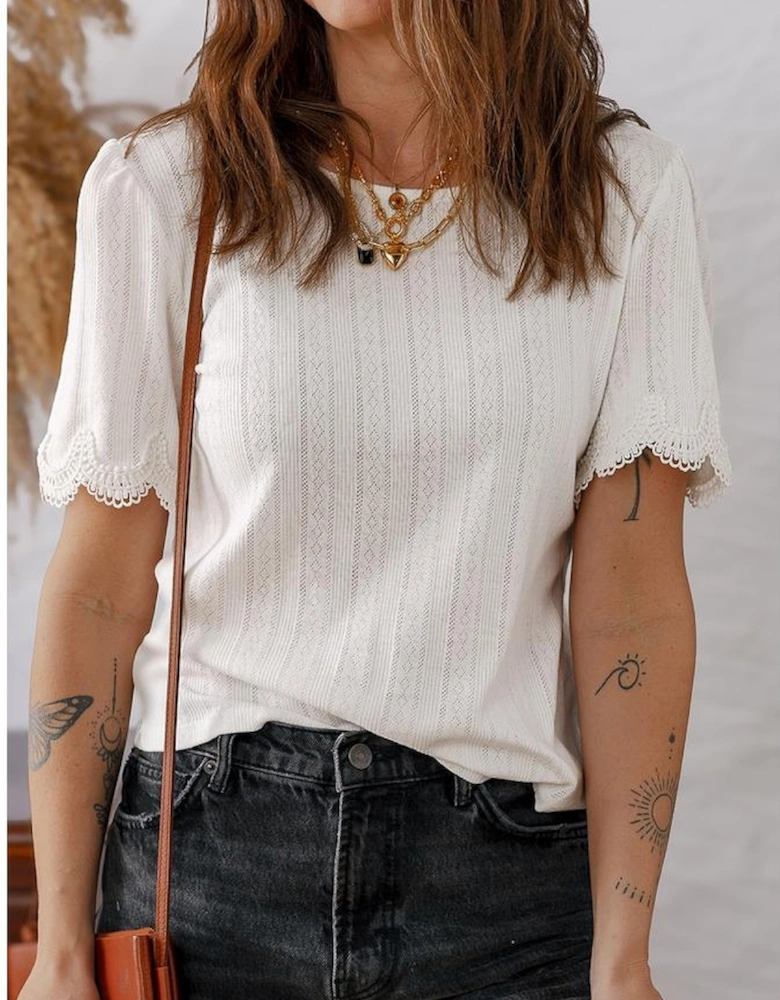 White Scalloped Lace Trim Jacquard Textured T Shirt