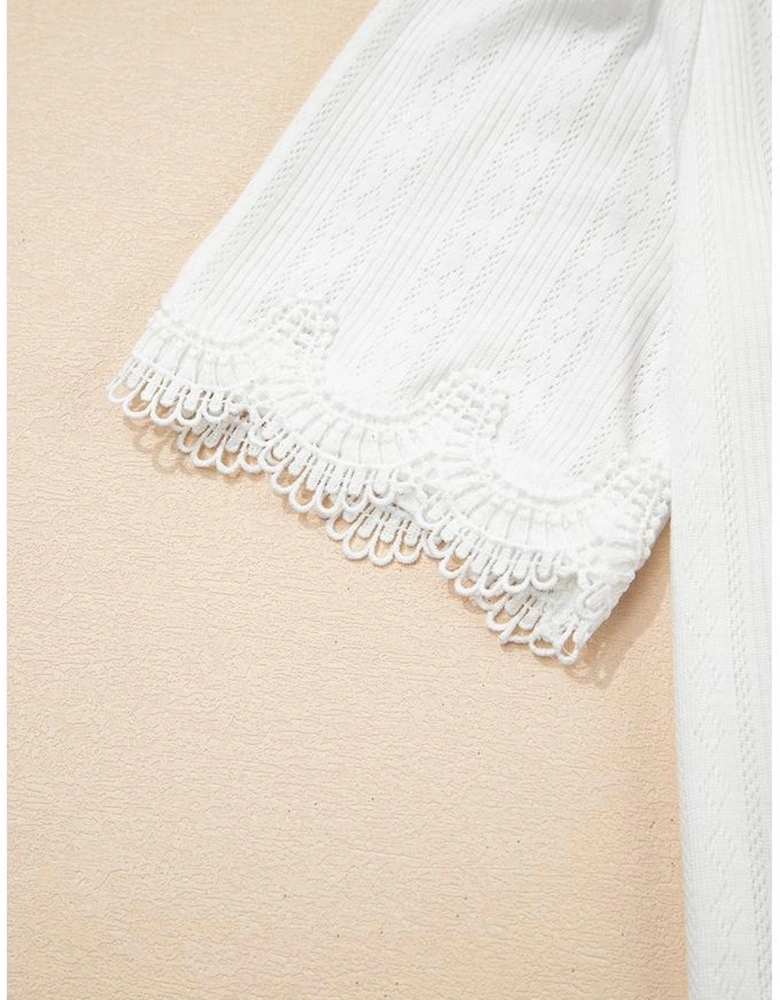White Scalloped Lace Trim Jacquard Textured T Shirt