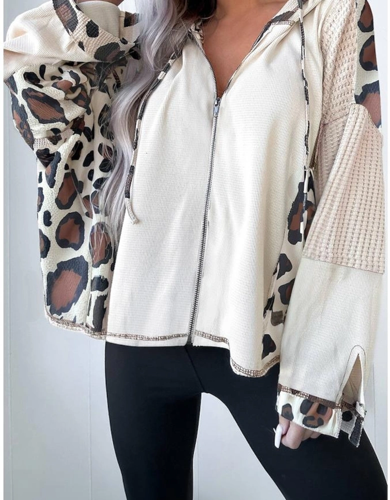 Apricot Oversized Leopard Contrast Mixed Texture Patchwork Zip Up Drop Shoulder Hoodie