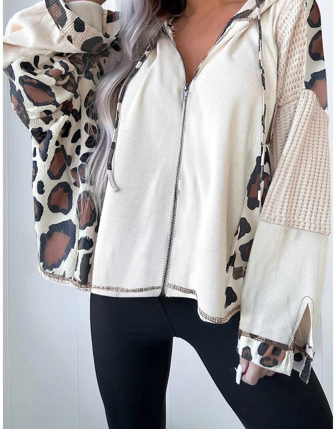 Apricot Oversized Leopard Contrast Mixed Texture Patchwork Zip Up Drop Shoulder Hoodie