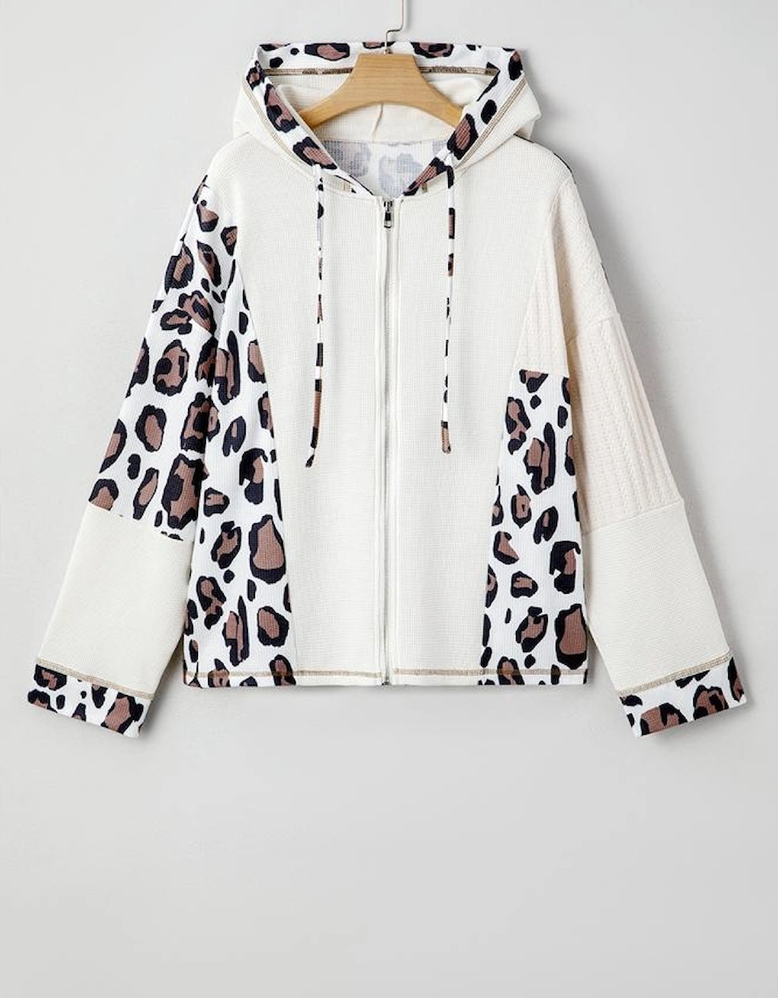 Apricot Oversized Leopard Contrast Mixed Texture Patchwork Zip Up Drop Shoulder Hoodie
