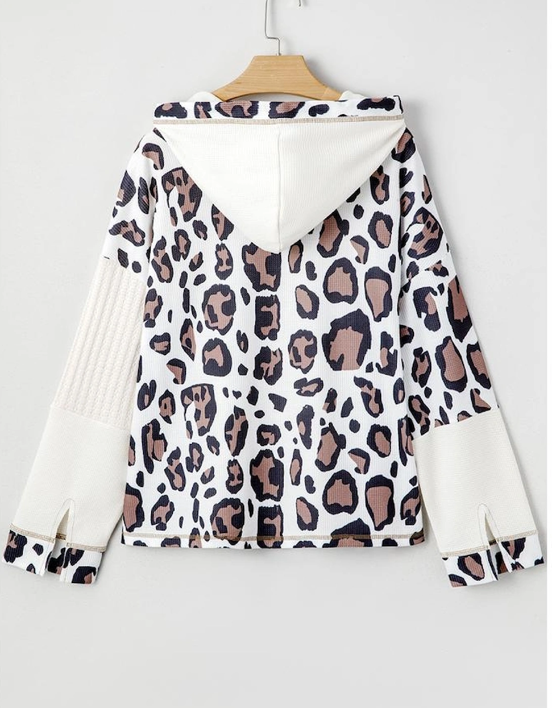 Apricot Oversized Leopard Contrast Mixed Texture Patchwork Zip Up Drop Shoulder Hoodie