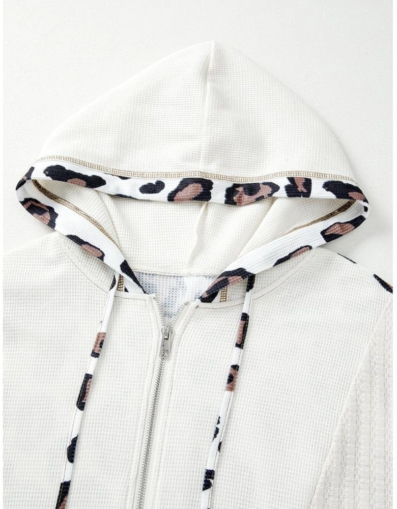 Apricot Oversized Leopard Contrast Mixed Texture Patchwork Zip Up Drop Shoulder Hoodie