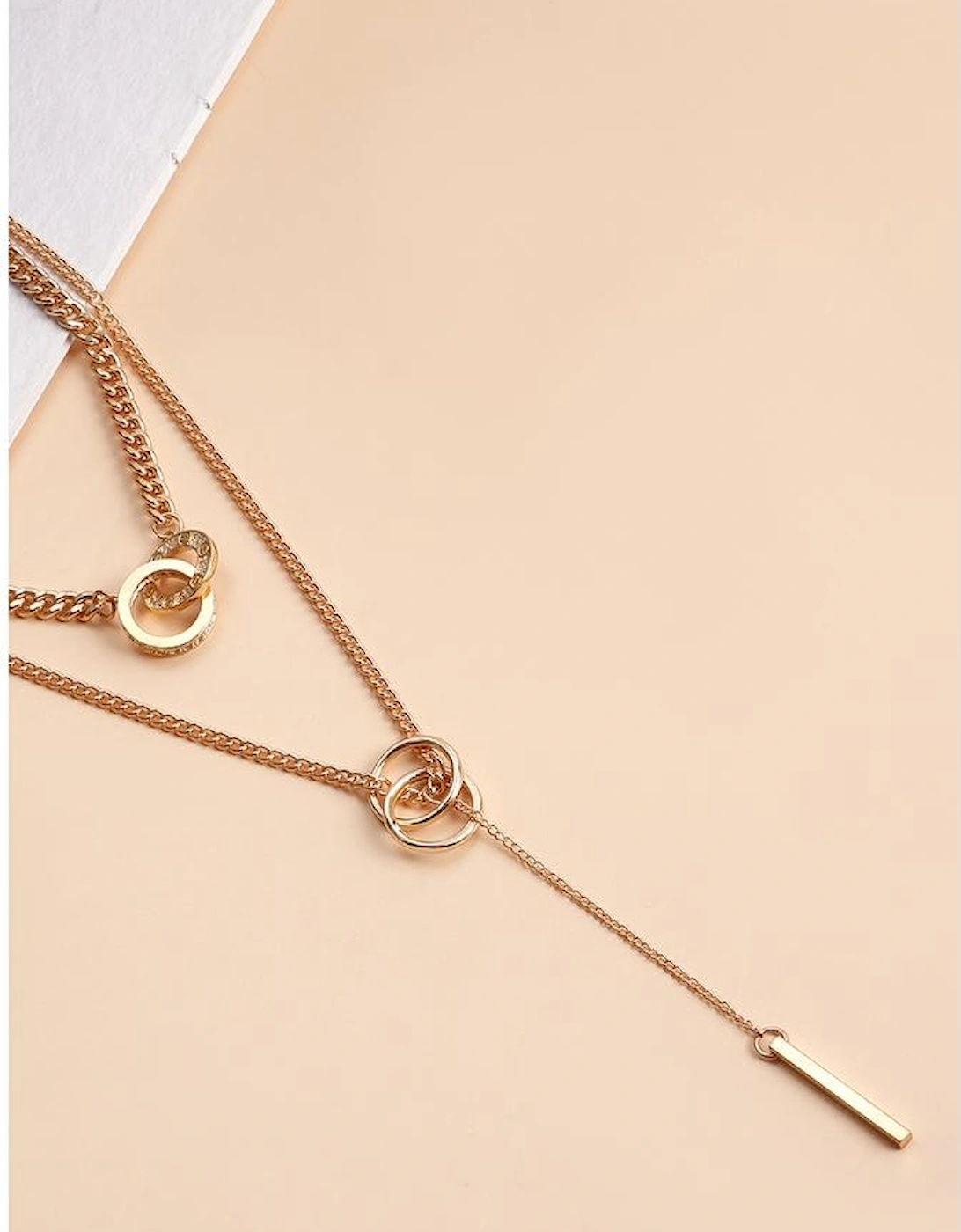 Gold Plated Double Layer O-Ring Long Stick Pendant Chain Necklace