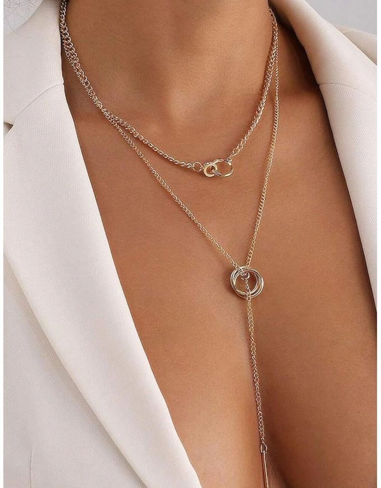 Gold Plated Double Layer O-Ring Long Stick Pendant Chain Necklace